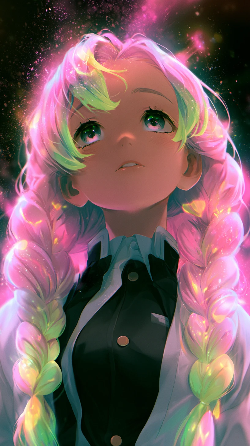 Ragazza anime nel bagliore al neon con dolce sguardo rivolto in alto
