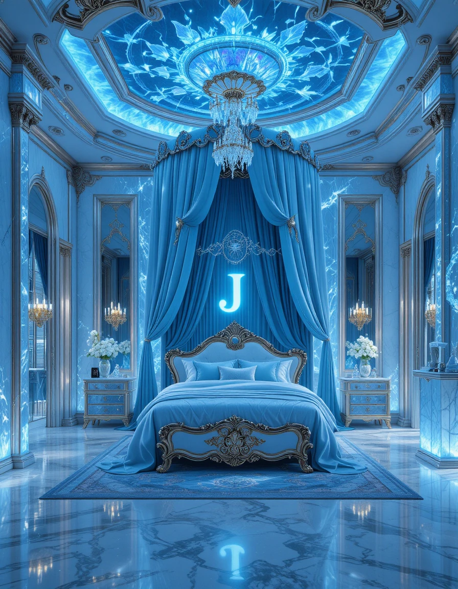 Chambre luxueuse couleur saphir avec plafond en cristal et lit à baldaquin