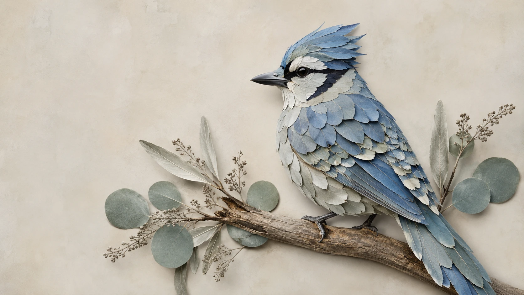 Gaio-azul formado por folhas pálidas de eucalipto sobre um galho