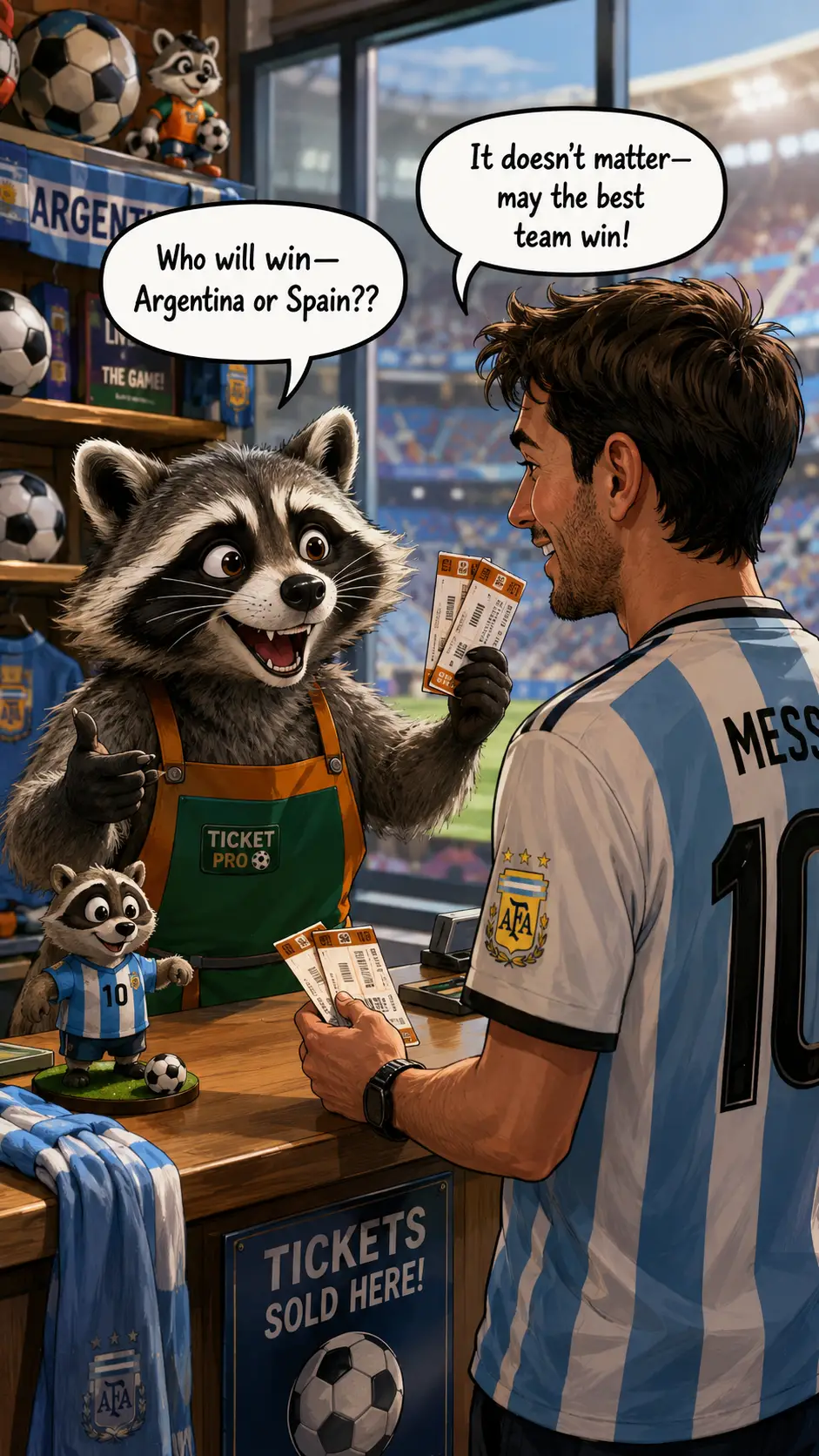 Cheerful raccoon ticket seller in bright soccer stadium