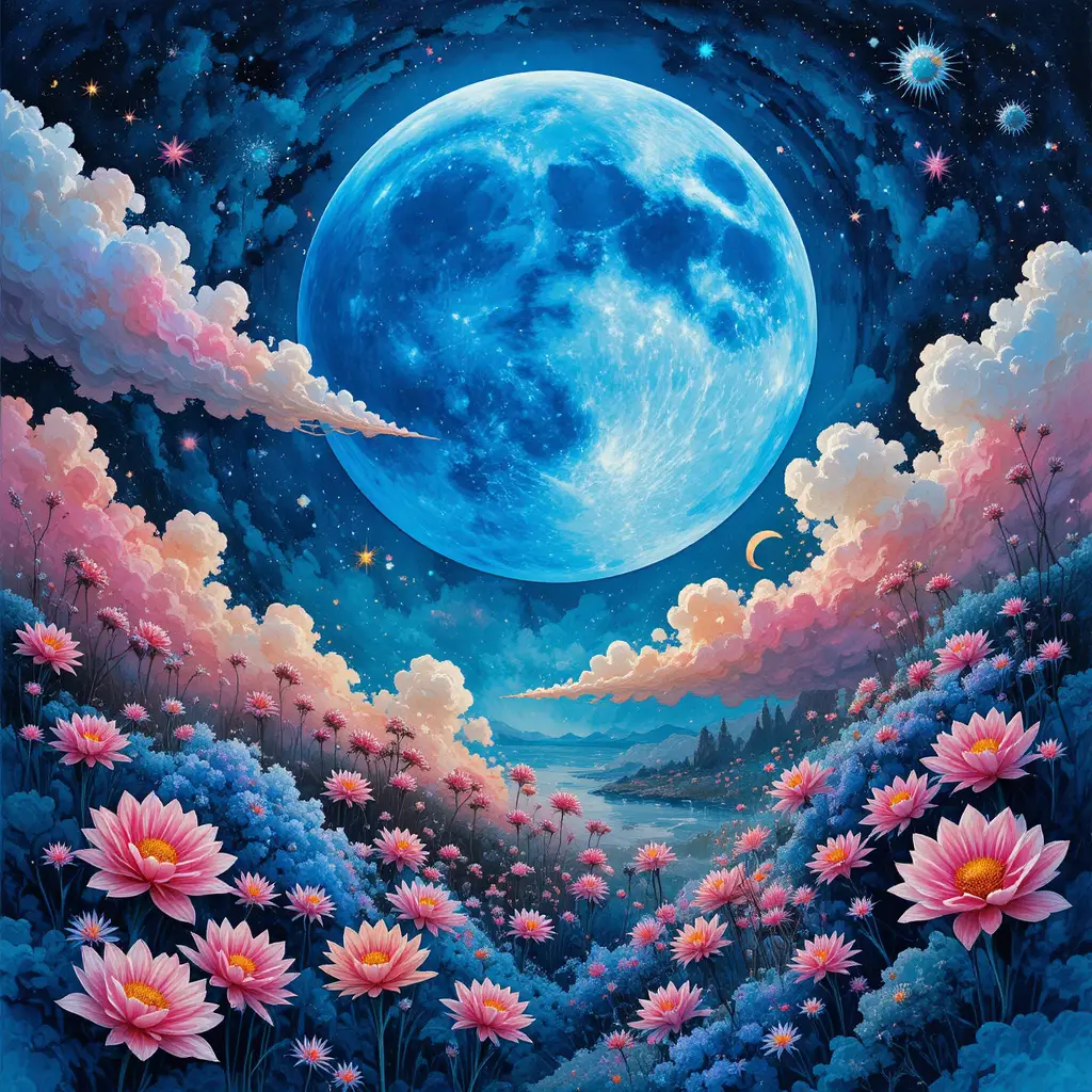 Riesiger blauer Mond über surrealer sternklarer Nachtlandschaft