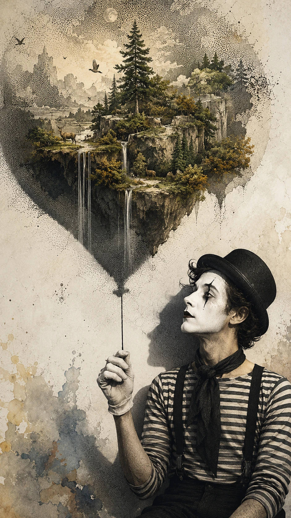 Mime mit unsichtbarem Ballon wirft surreale schwebende Insel-Schatten