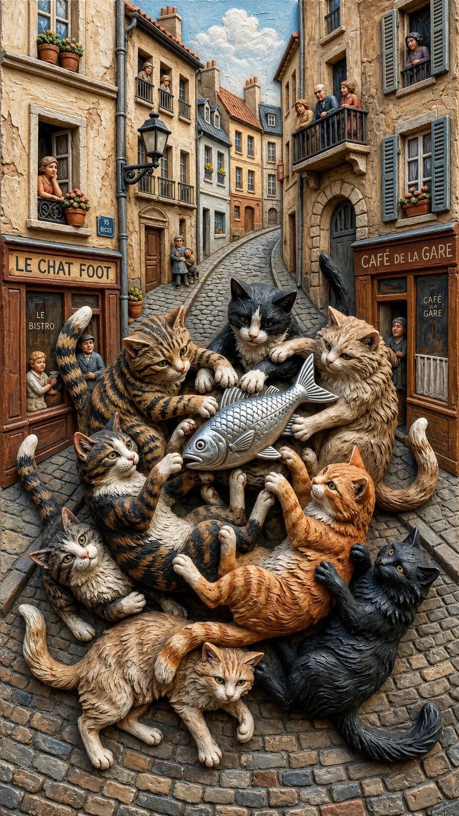 Gatos brincalhões perseguem uma bola de peixe prateada na rua da cidade