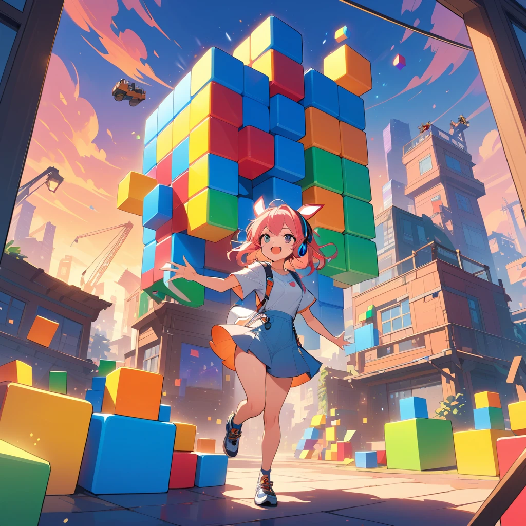 Chica gamer de anime construyendo una casa de bloques de Tetris brillantes