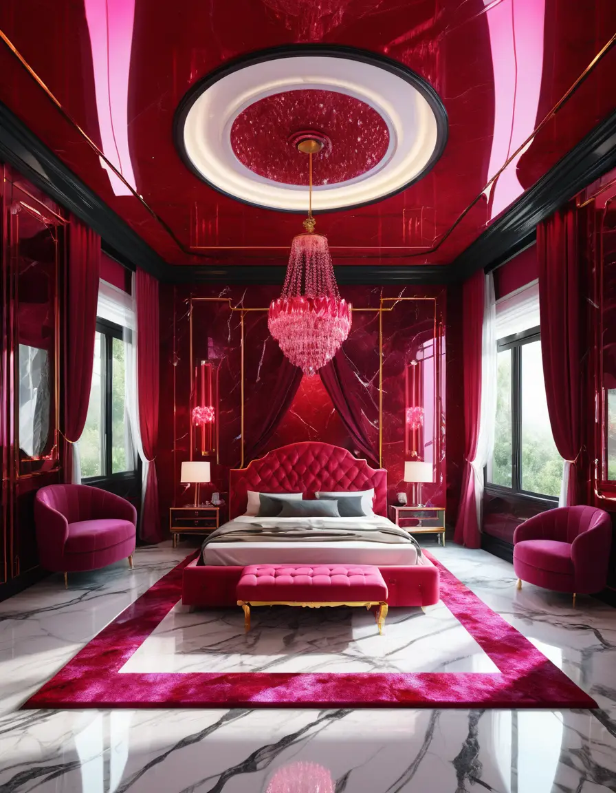 Chambre luxueuse en cristal rubis avec lit à baldaquin élégant