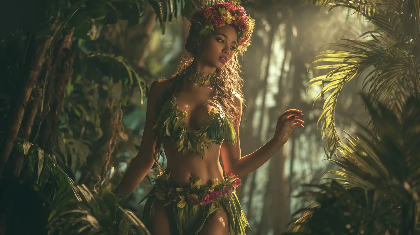 Tropical woman in woven leaf tunic among jungle palms