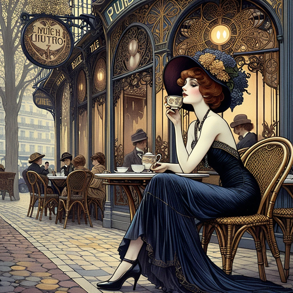 Elegante donna in un caffè parigino in stile Art Nouveau