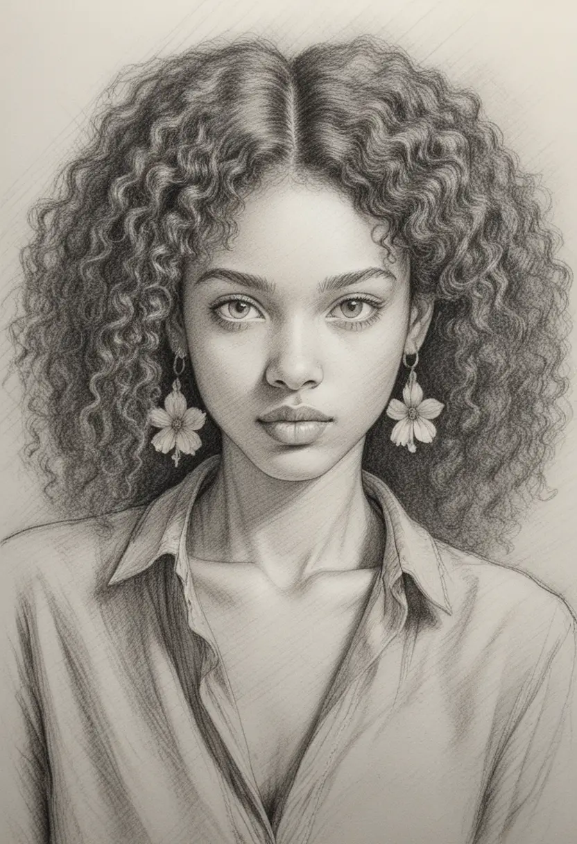 Technical bust portrait of a serious young curly haired woman