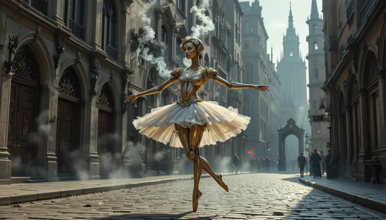 Autômato bailarina de corda dançando em uma rua vitoriana