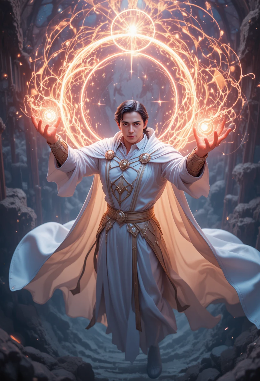 Mage lançant un vaste sort de zone depuis une position en hauteur