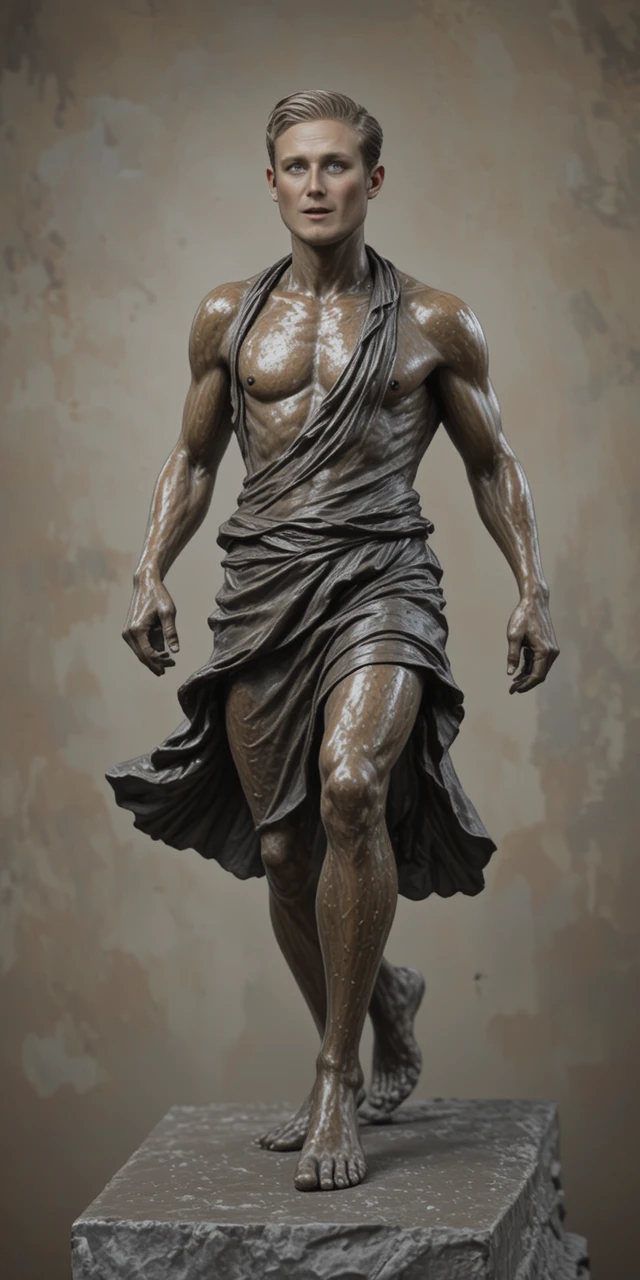 Statue en bronze d’un homme athlétique marchant d’un pas décidé en tunique fluide