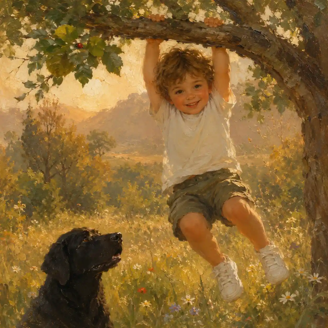 Bambino che dondola su un ramo d’albero con il suo cane