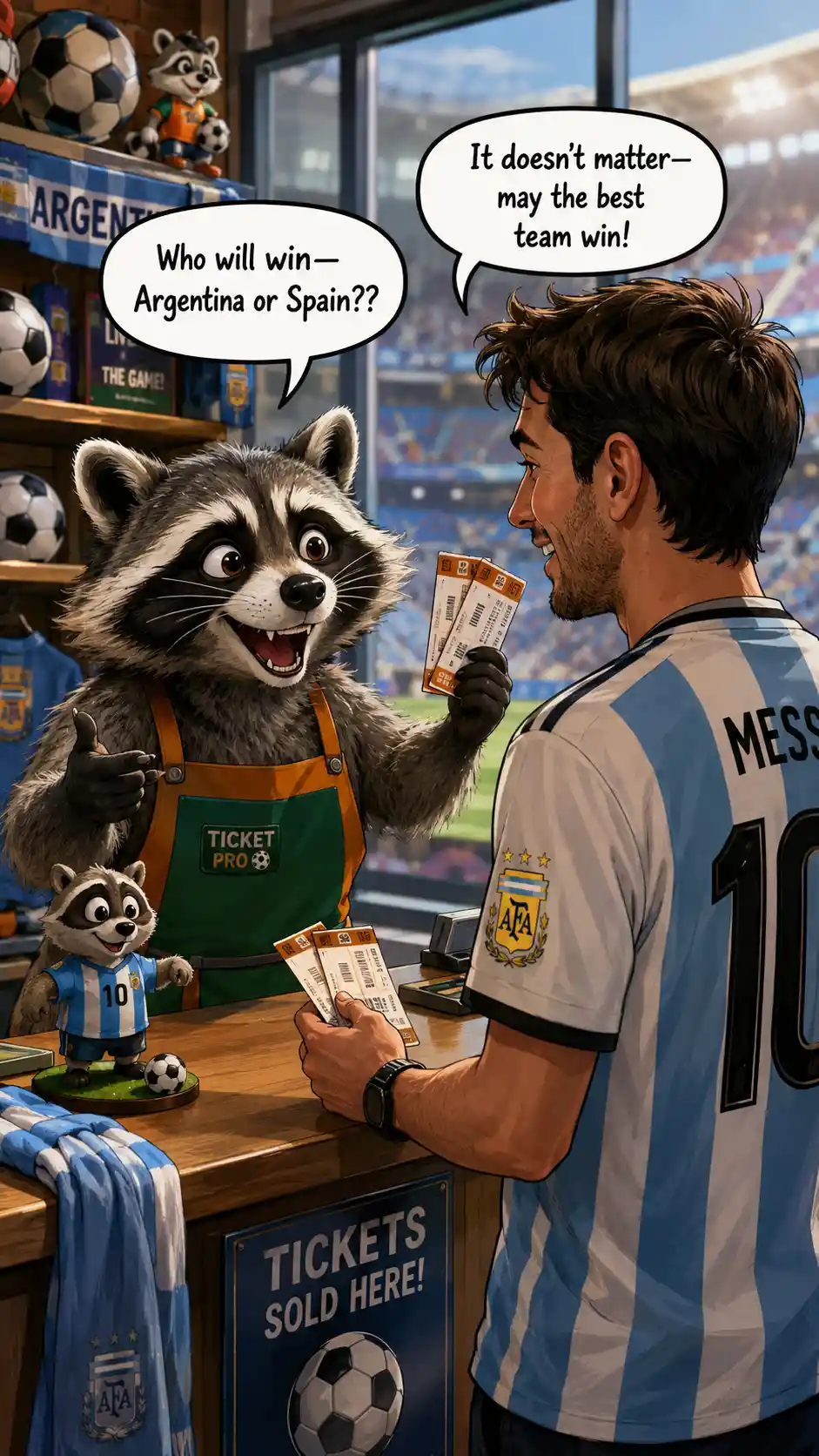 Cheerful raccoon ticket seller in bright soccer stadium