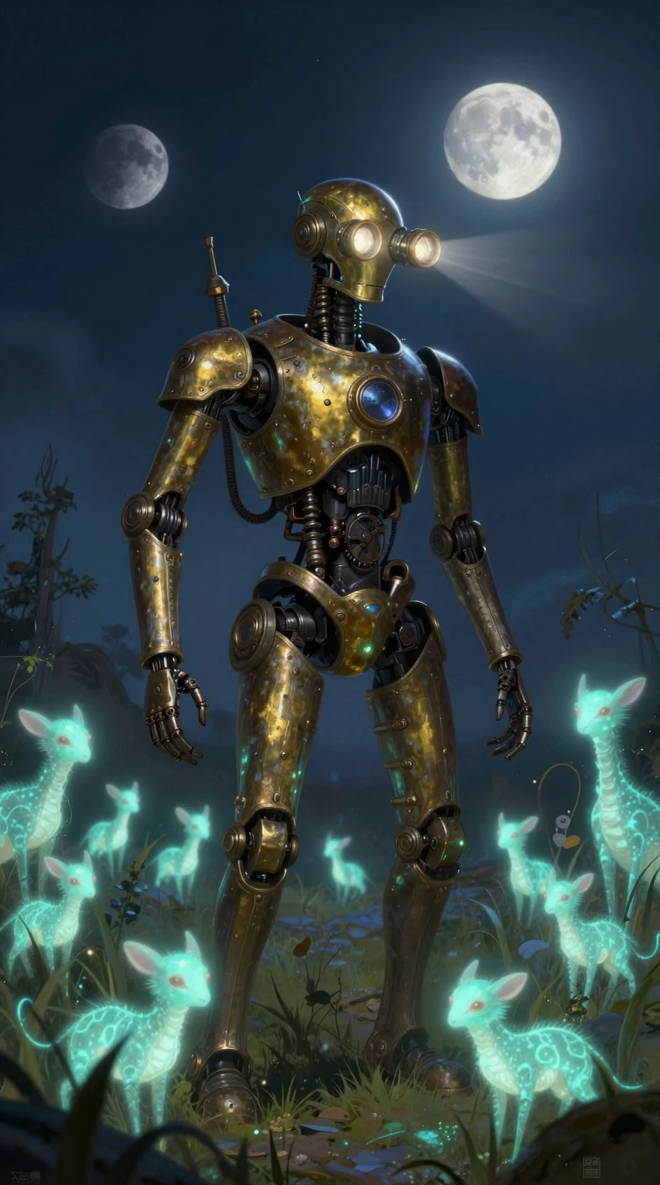 Autómata steampunk en un campo alienígena luminoso bajo lunas gemelas