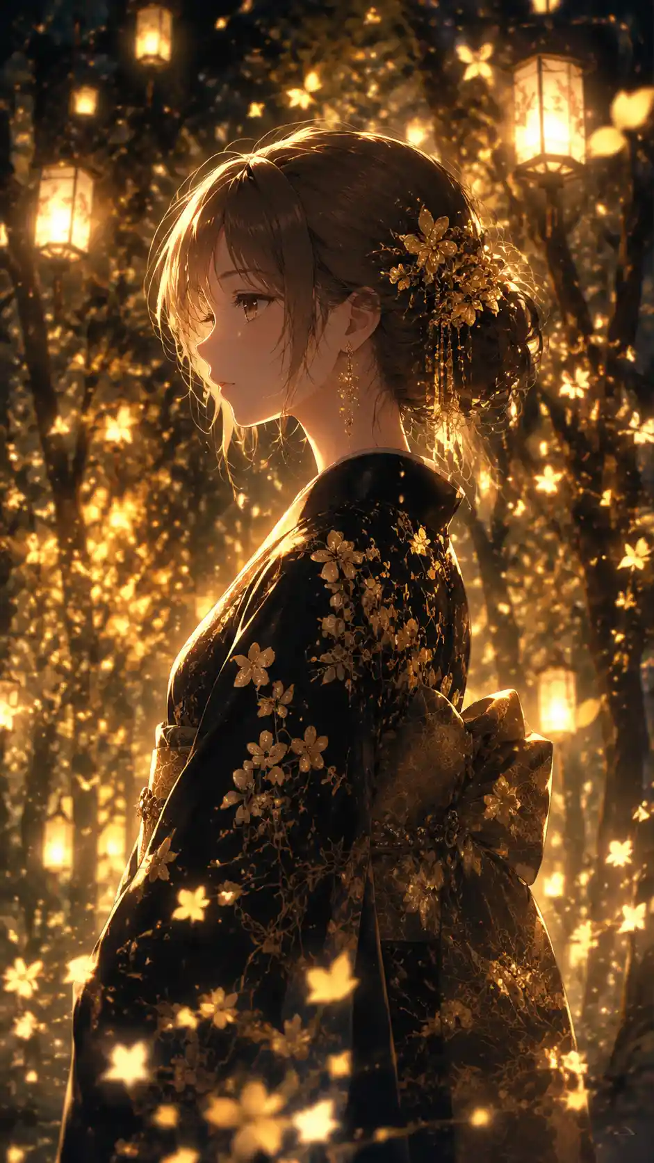 發光奇幻森林中的黑色和服動漫女子