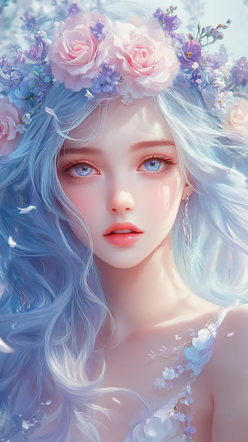 Ätherisches Anime-Mädchen mit pasteller Blumenkrone – Porträt