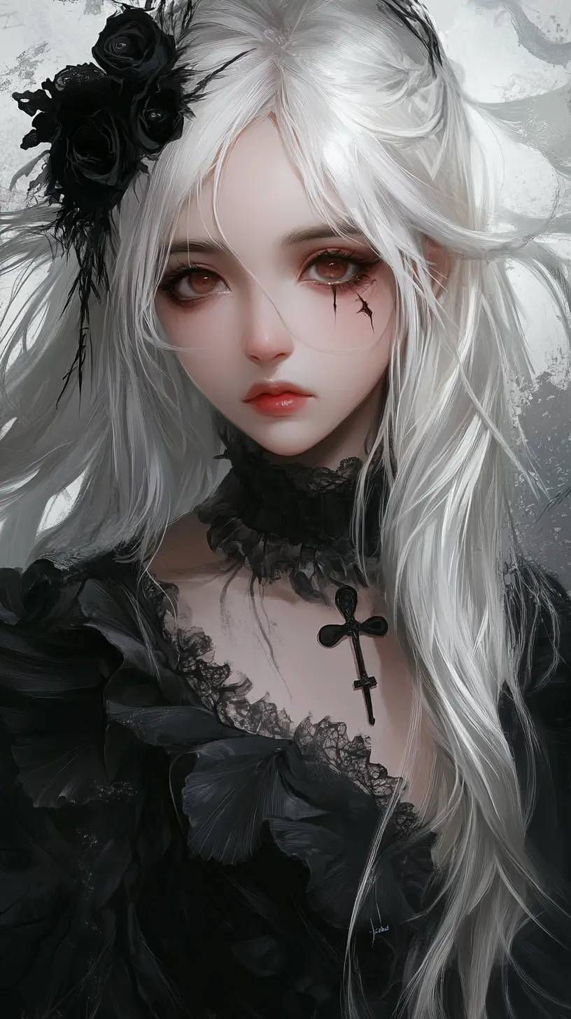 華麗黑色哥德洋裝中的憂鬱系動漫少女