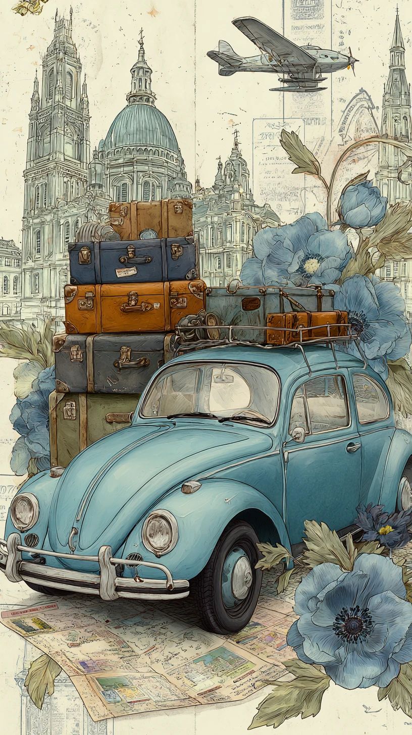 Carro fusca azul vintage com bagagem e detalhes florais de viagem