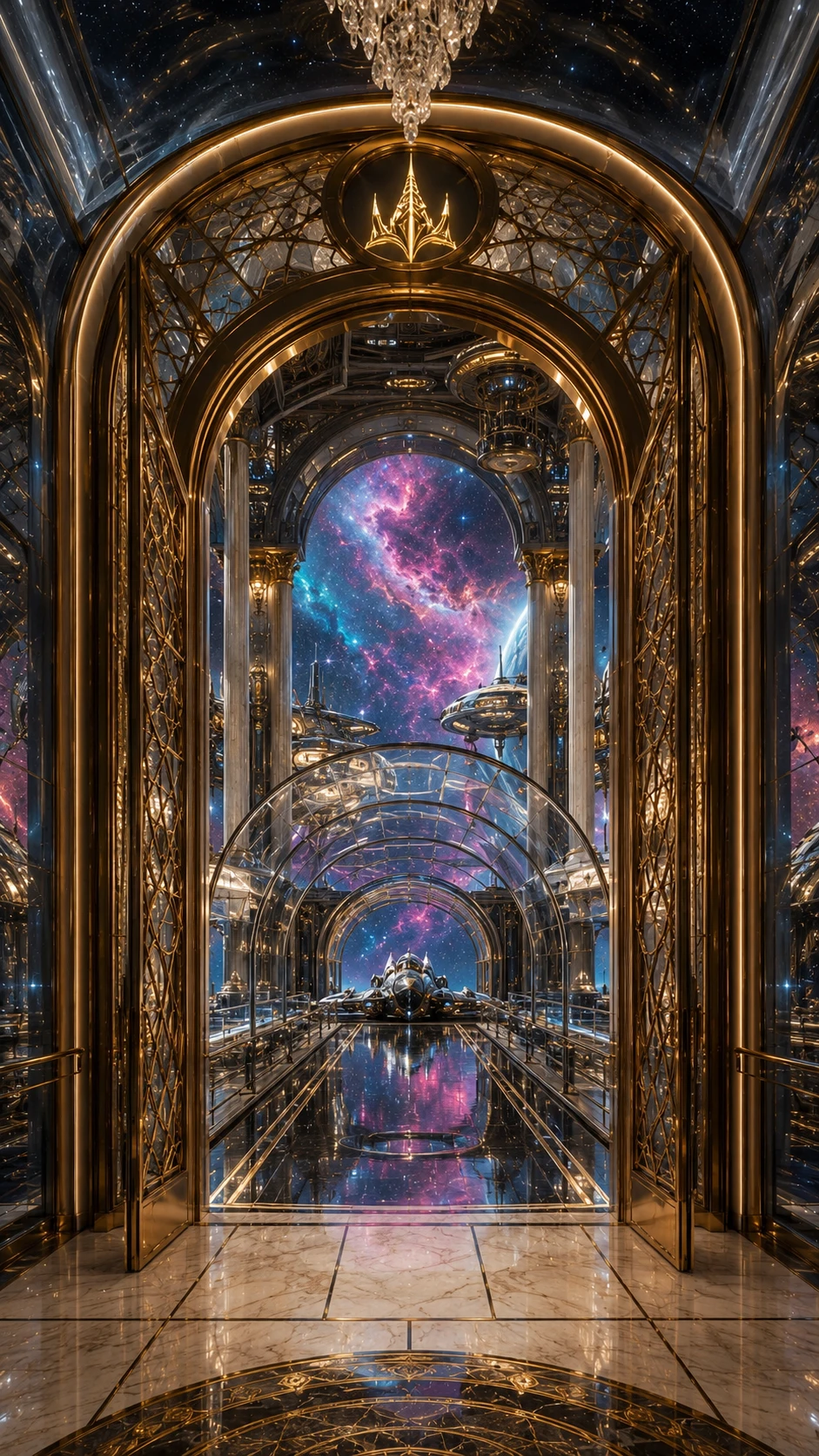 Vue depuis un lobby opulent vers une passerelle futuriste en verre d’un spatioport