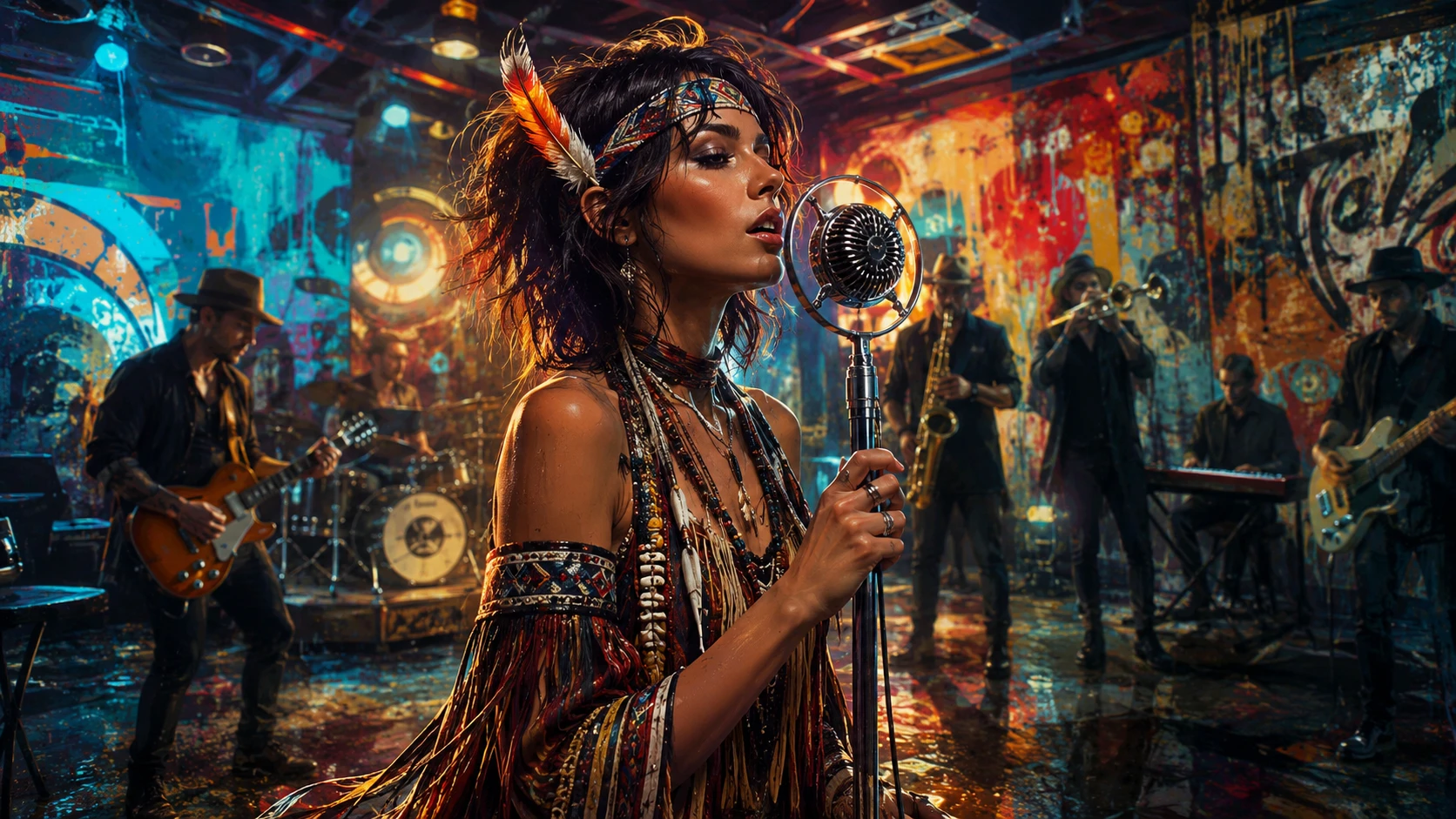Singer in futuristic dance hall with live music band