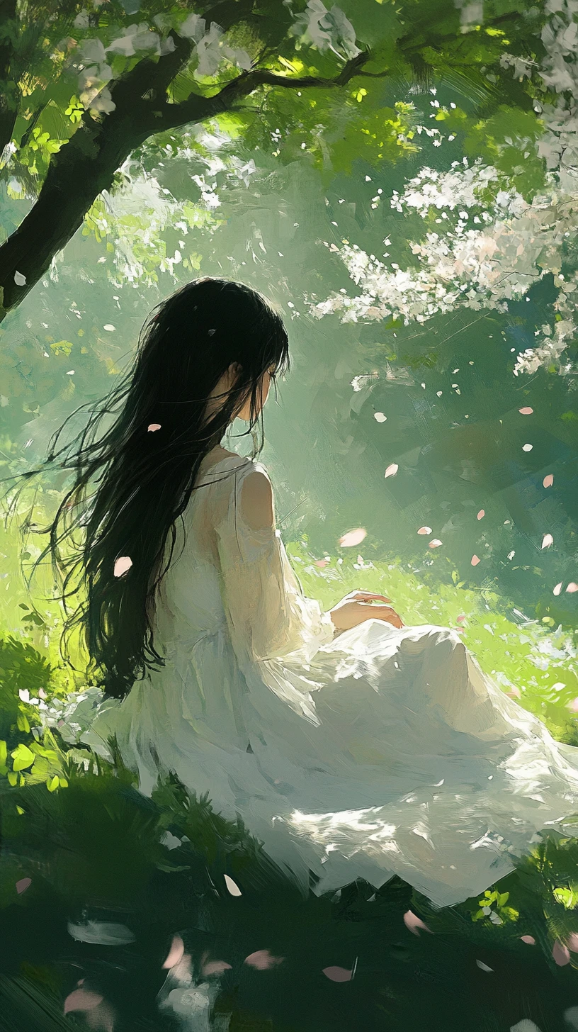 Anime-Mädchen im weißen Kleid unter Kirschblütenbäumen