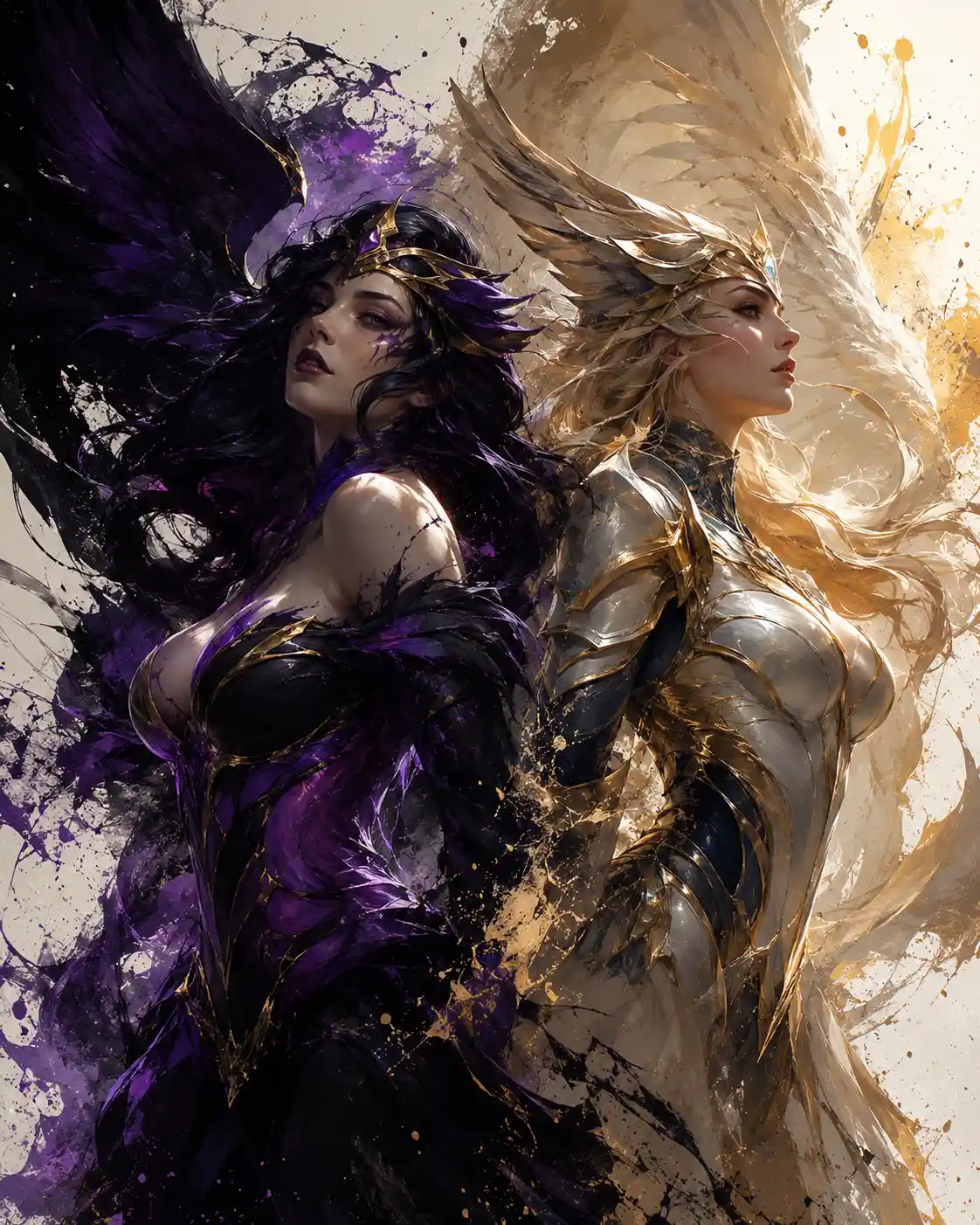 Sœurs guerrières mythiques dans une scène de bataille fantasy rayonnante