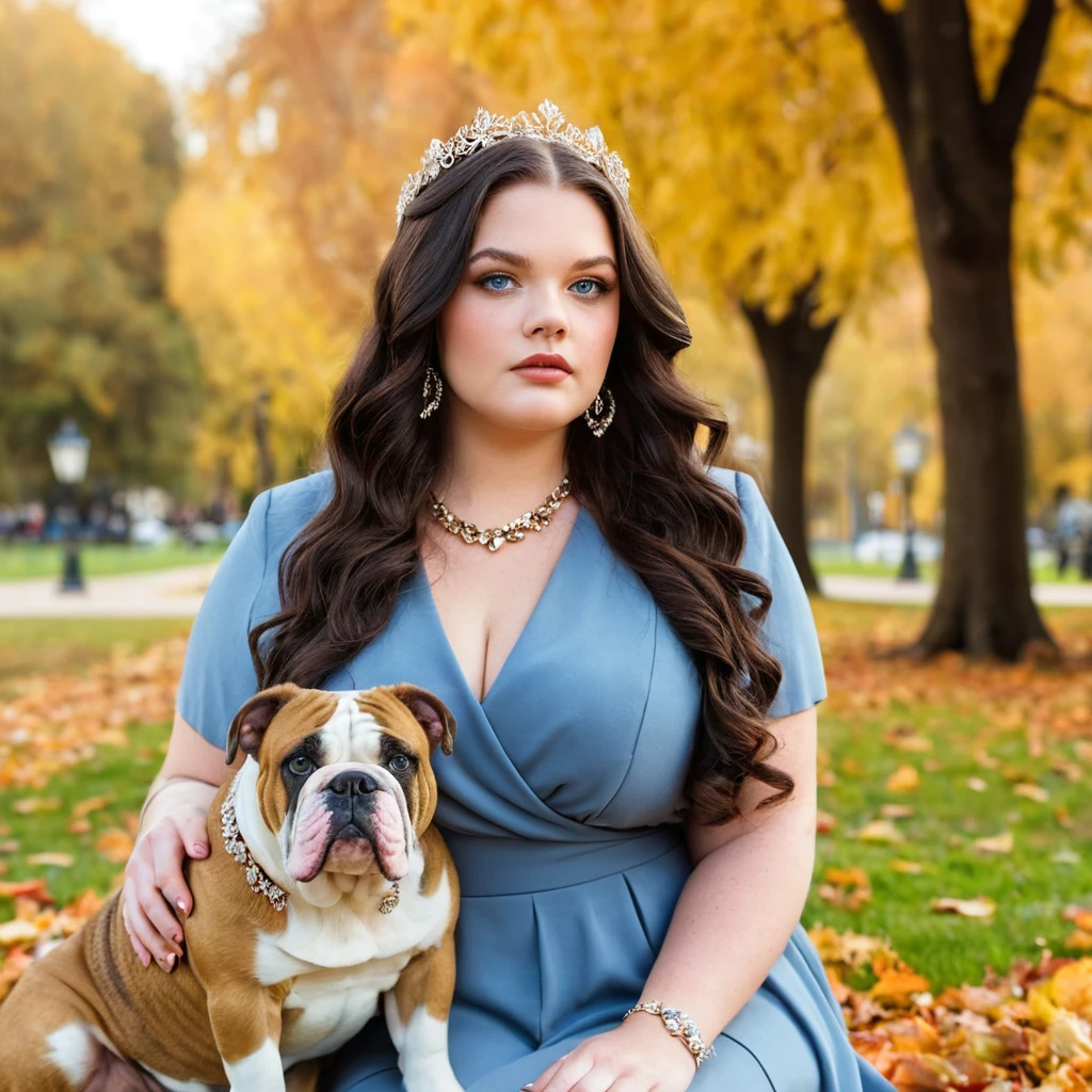Giovane donna con bulldog in un parco autunnale