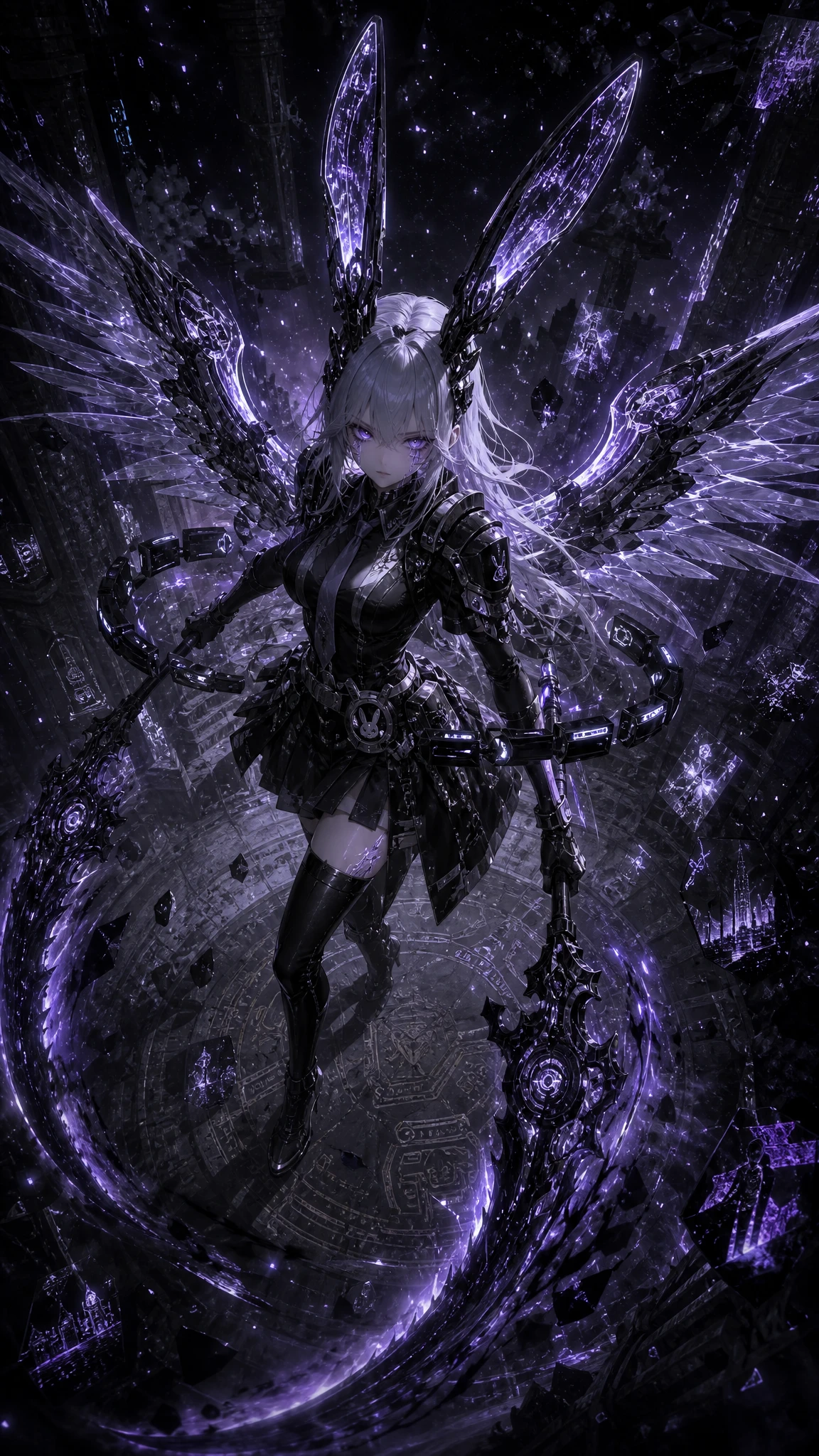 Mulher cibernética guardando um templo futurista sombrio