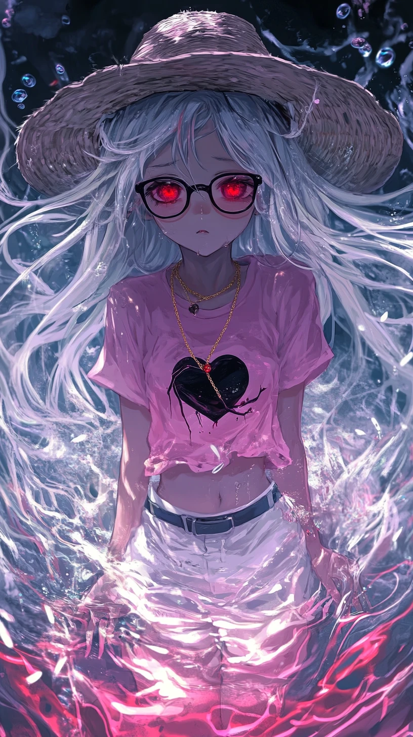 Trauriges Anime-Mädchen stürzt durch leuchtende wolkige Leere