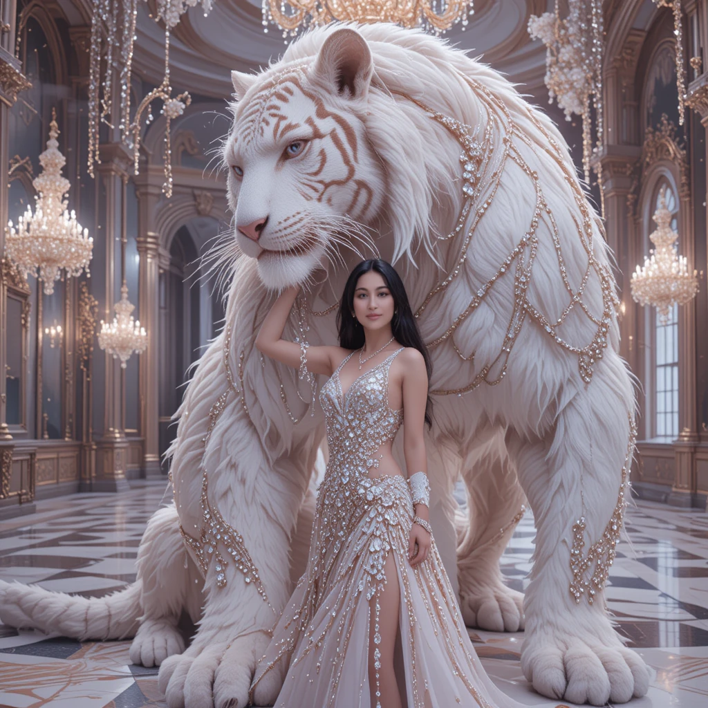 Donna con tigre bianca tempestata di gioielli in una luminosa sala di palazzo