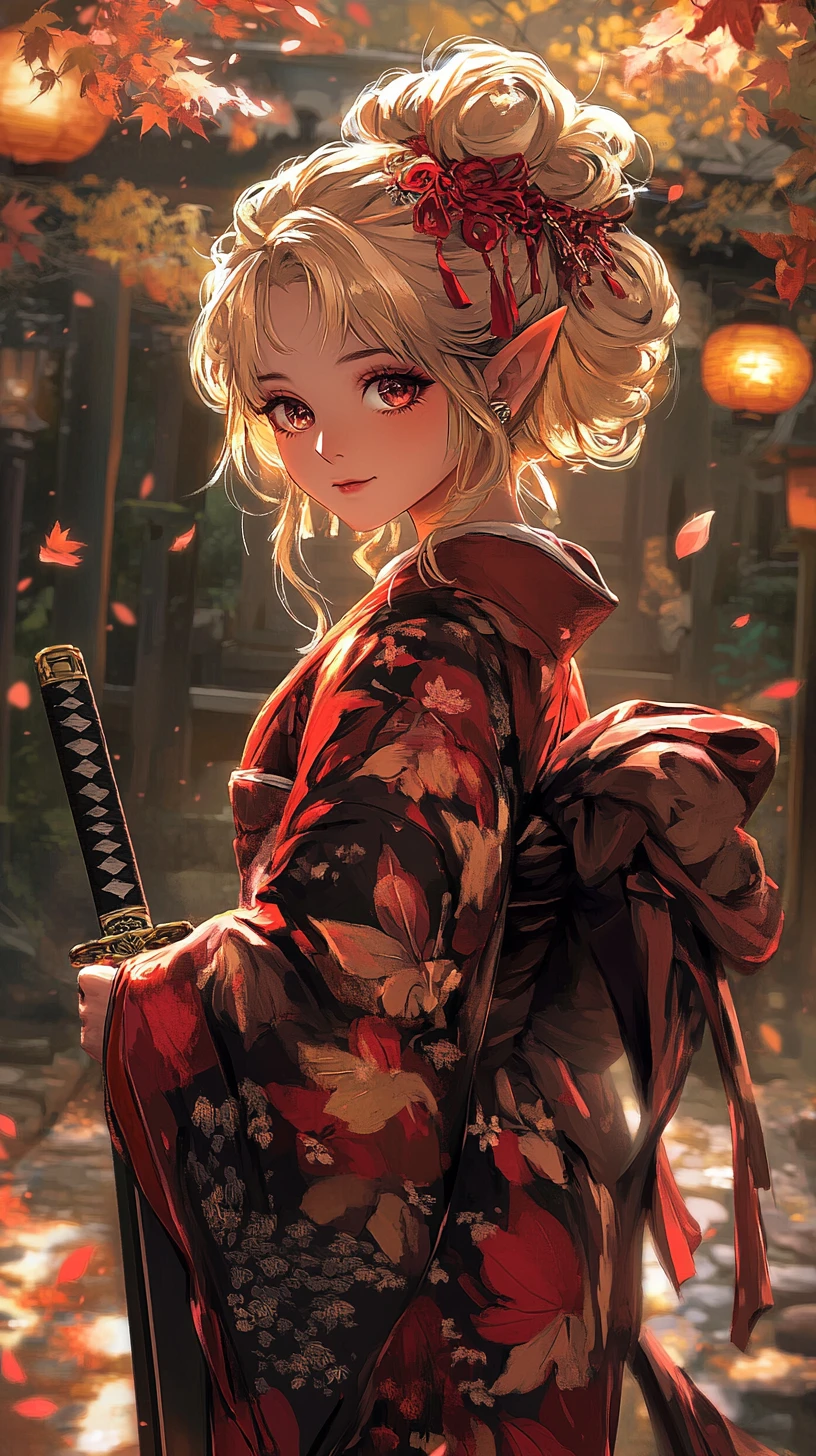 紅色和服持刀精靈少女在燈籠照亮的庭院中