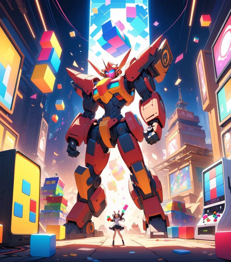 Gameuse anime construisant une maison de rêve avec des blocs de Tetris lumineux