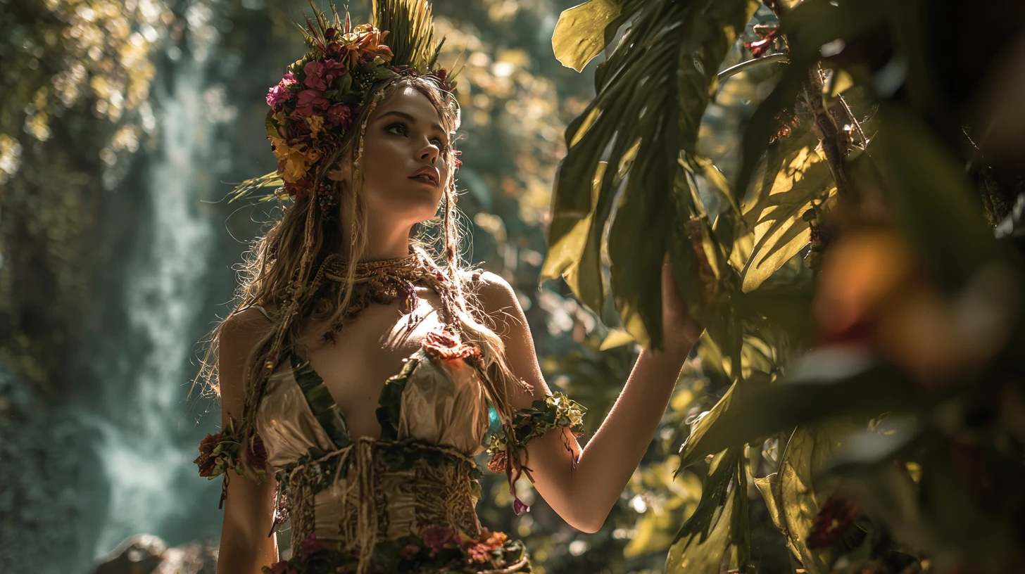 Donna nella giungla tropicale coronata da fiori e foglie di palma