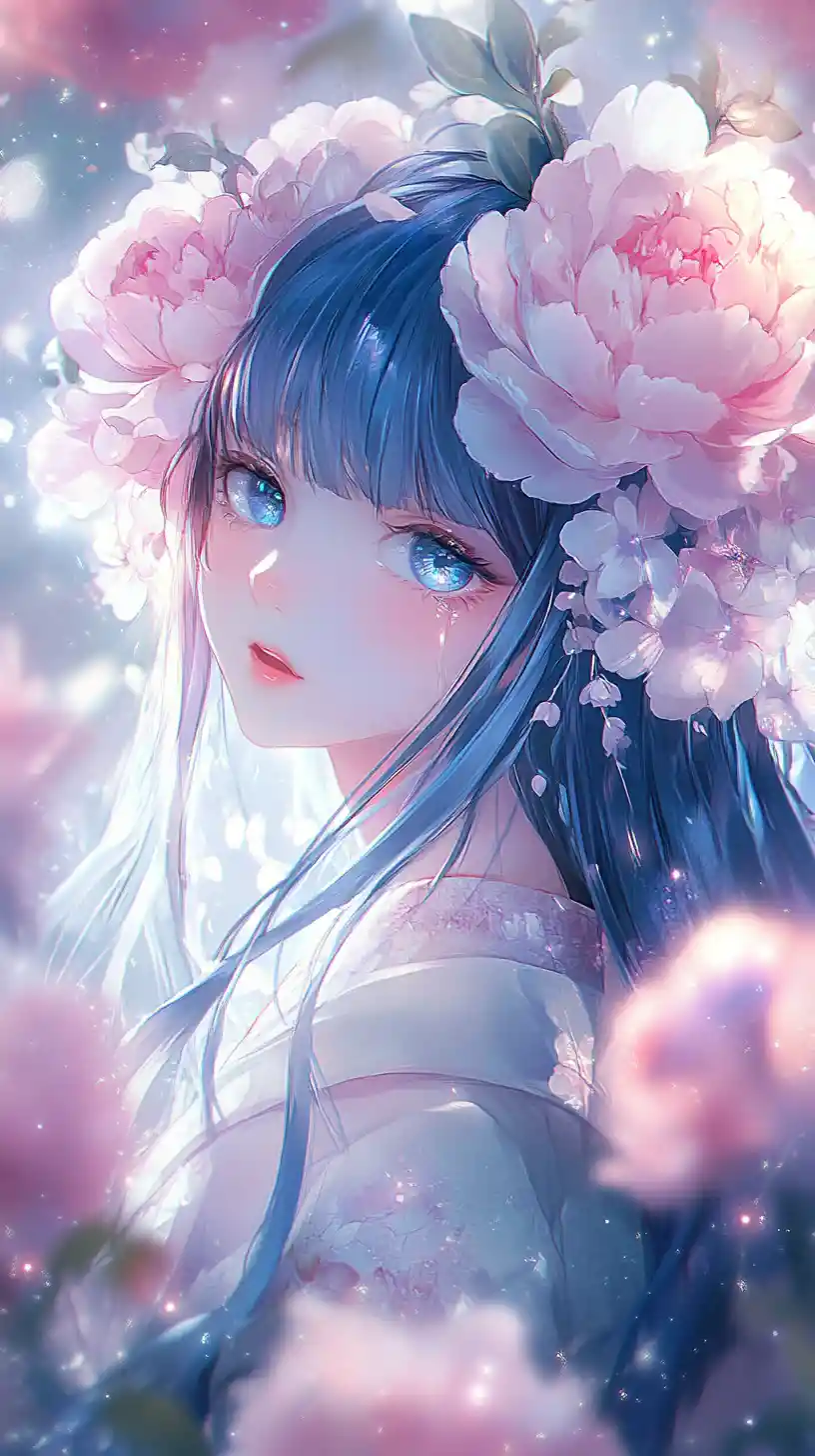 Anime girl with floral hair in dreamy glowing garden