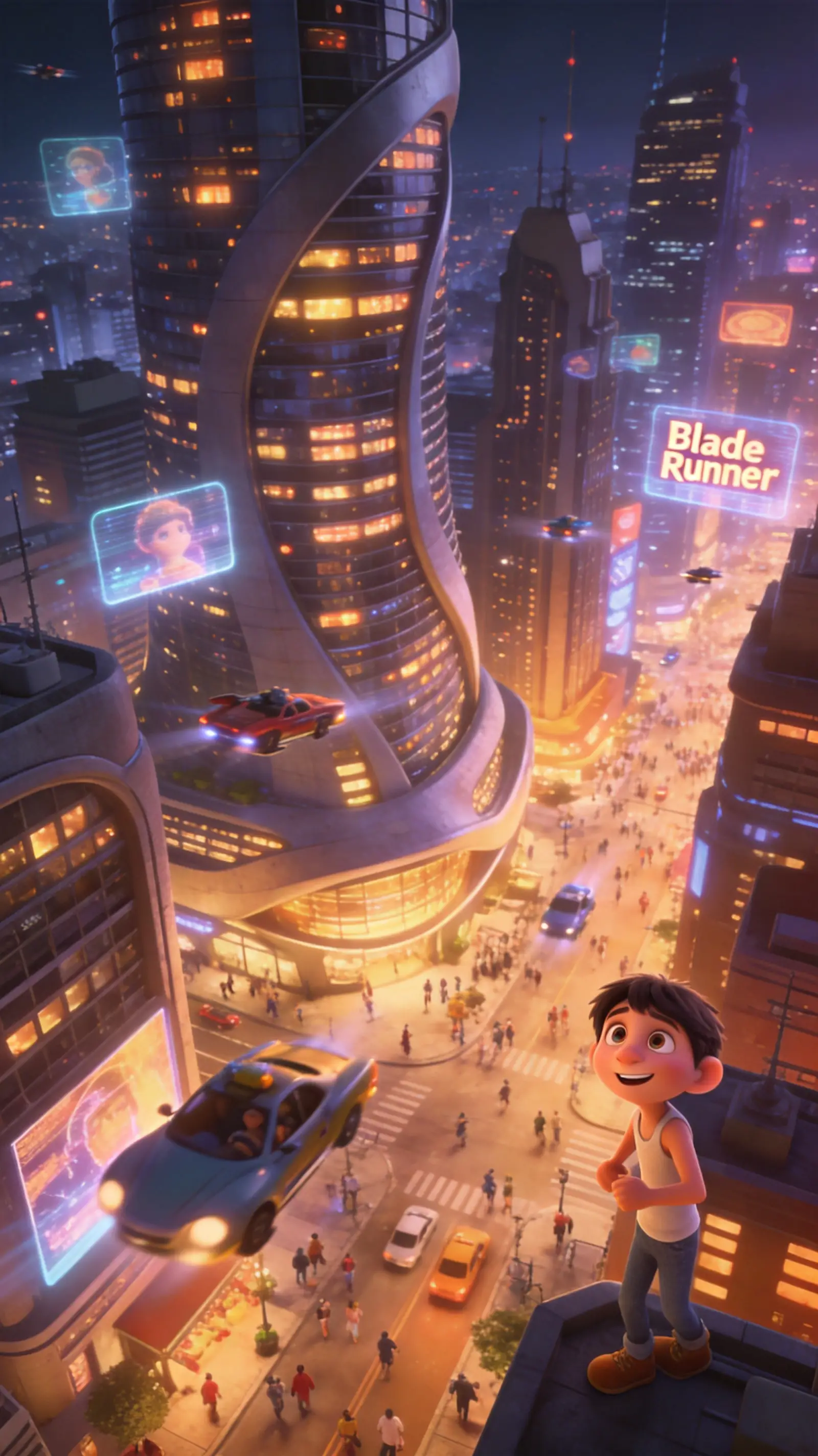 Aerial view of a futuristic city with glowing towers