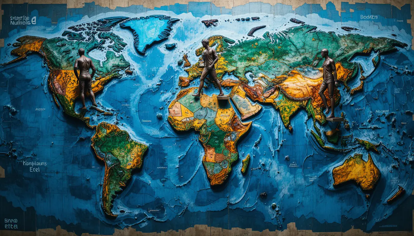 Estátuas de bronze sobre um mapa-múndi físico detalhado