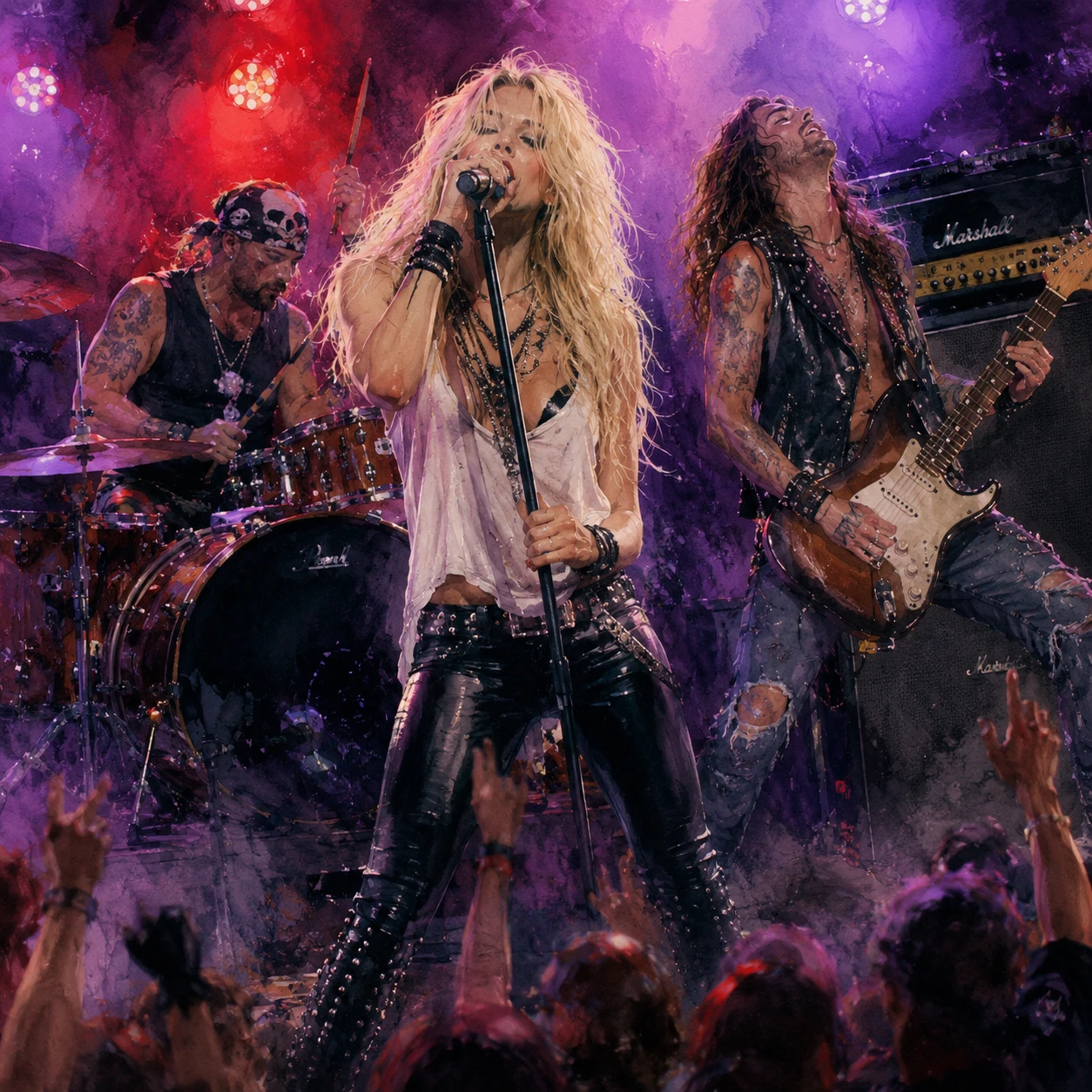 Cantante rock bionda sul palco con luci al neon