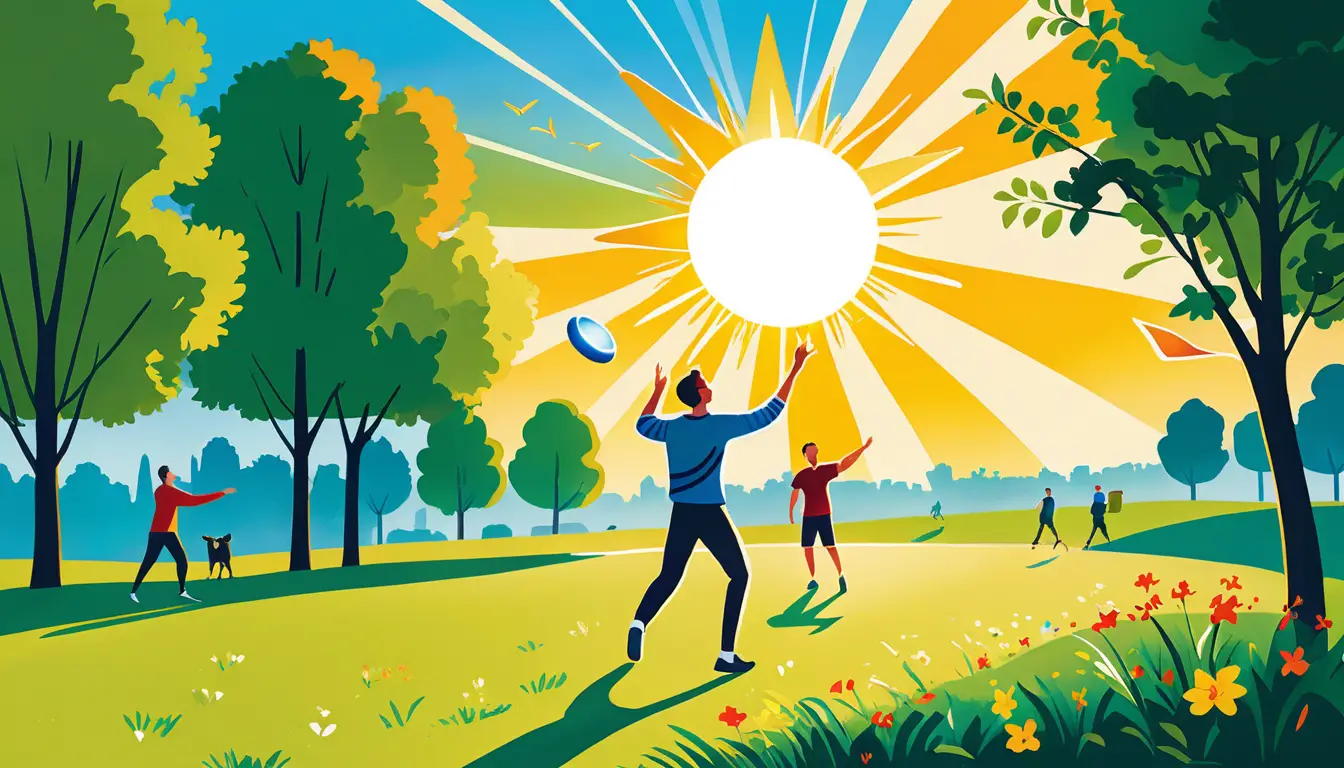 Junge Freunde spielen mit einer leuchtenden Sonne im Park