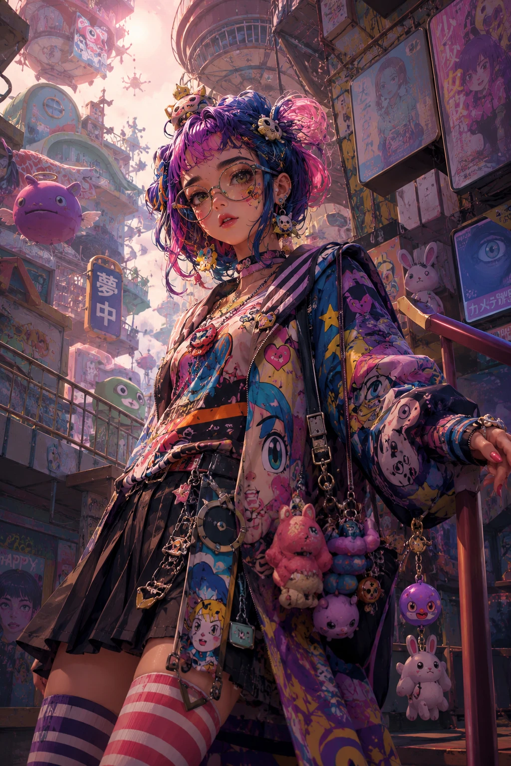 Fille d’anime décalée dans une scène 3D vibrante inspirée d’Harajuku