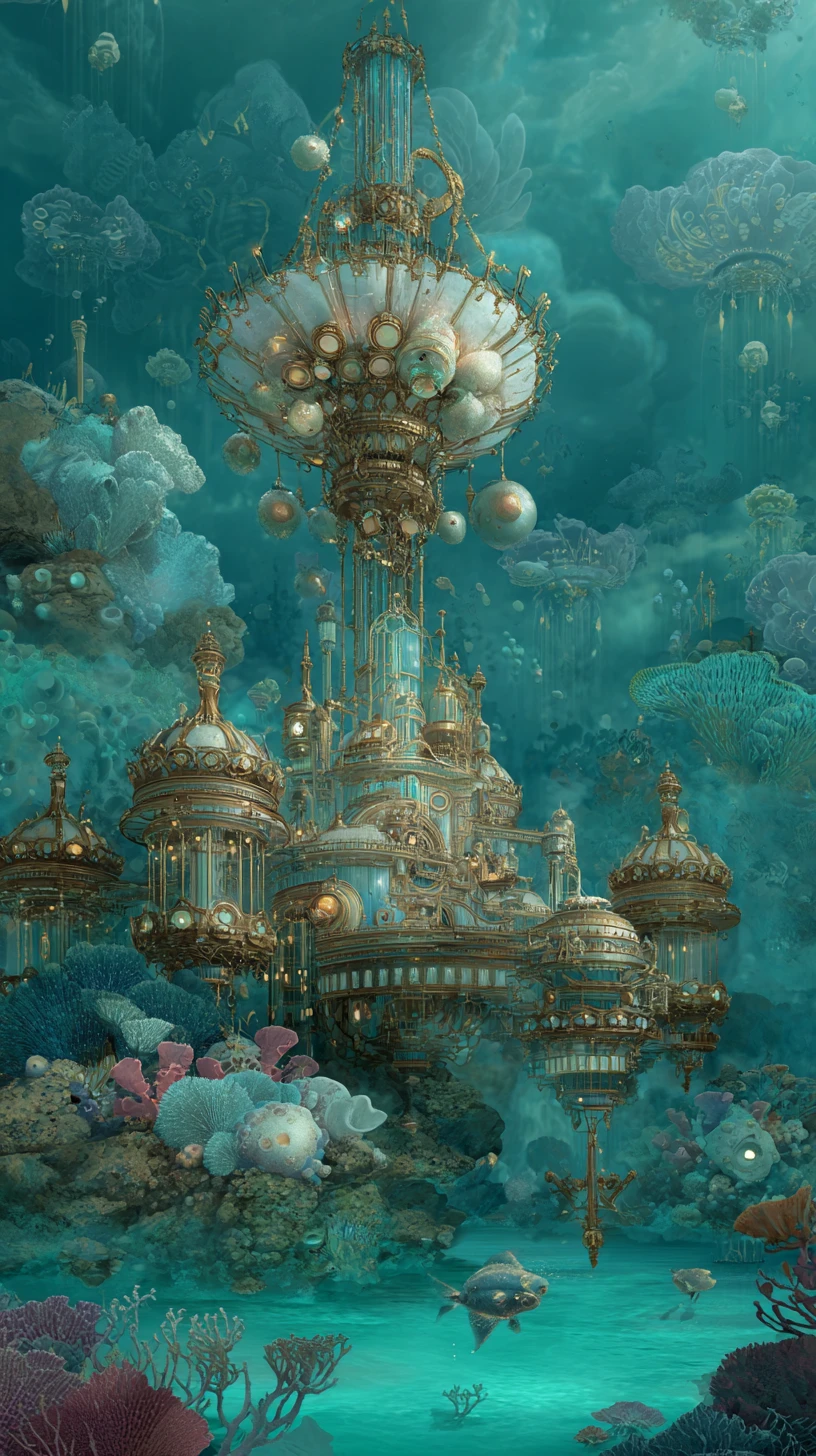 Siren queen on a mystical island with steampunk crown