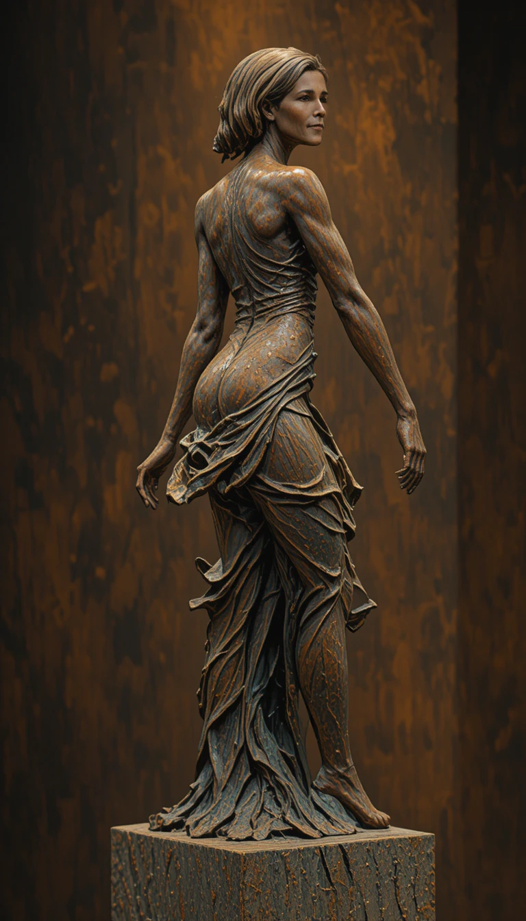 Escultura em bronze de uma mulher correndo em passada dinâmica de perfil