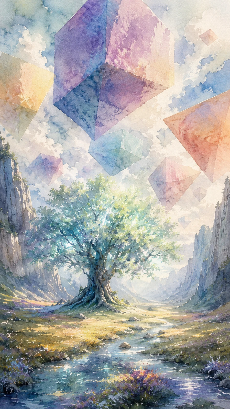 Stilles Aquarelltal mit uraltem leuchtendem Baum