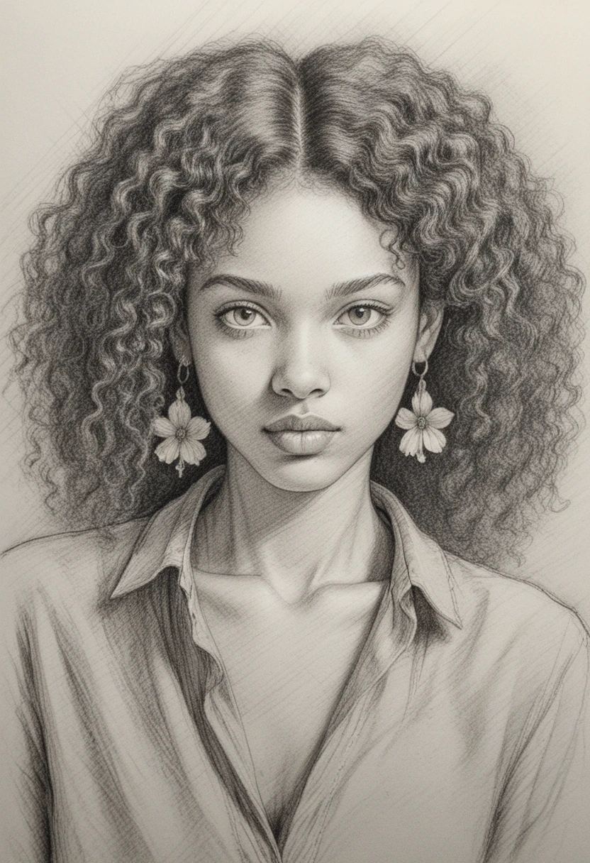 Technical bust portrait of a serious young curly haired woman
