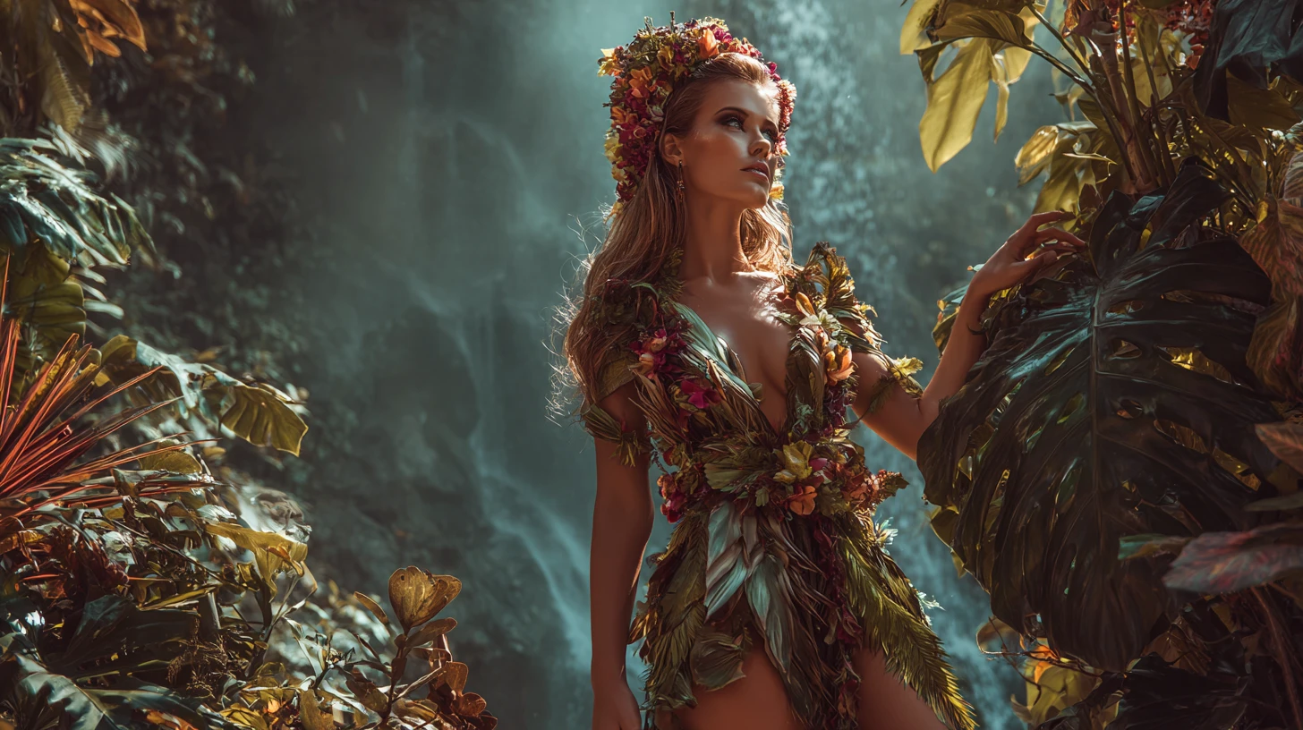 Donna tropicale in una giungla rigogliosa con corona di fiori