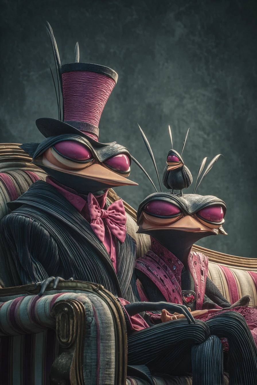 Figure surreali simili a uccelli in abiti a righe su un divano decorato