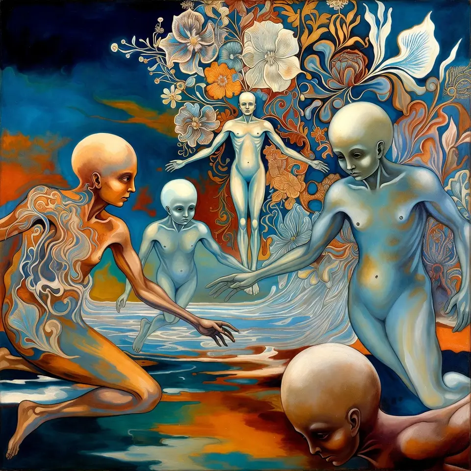 Divinité surréaliste avec êtres flottants et motifs floraux