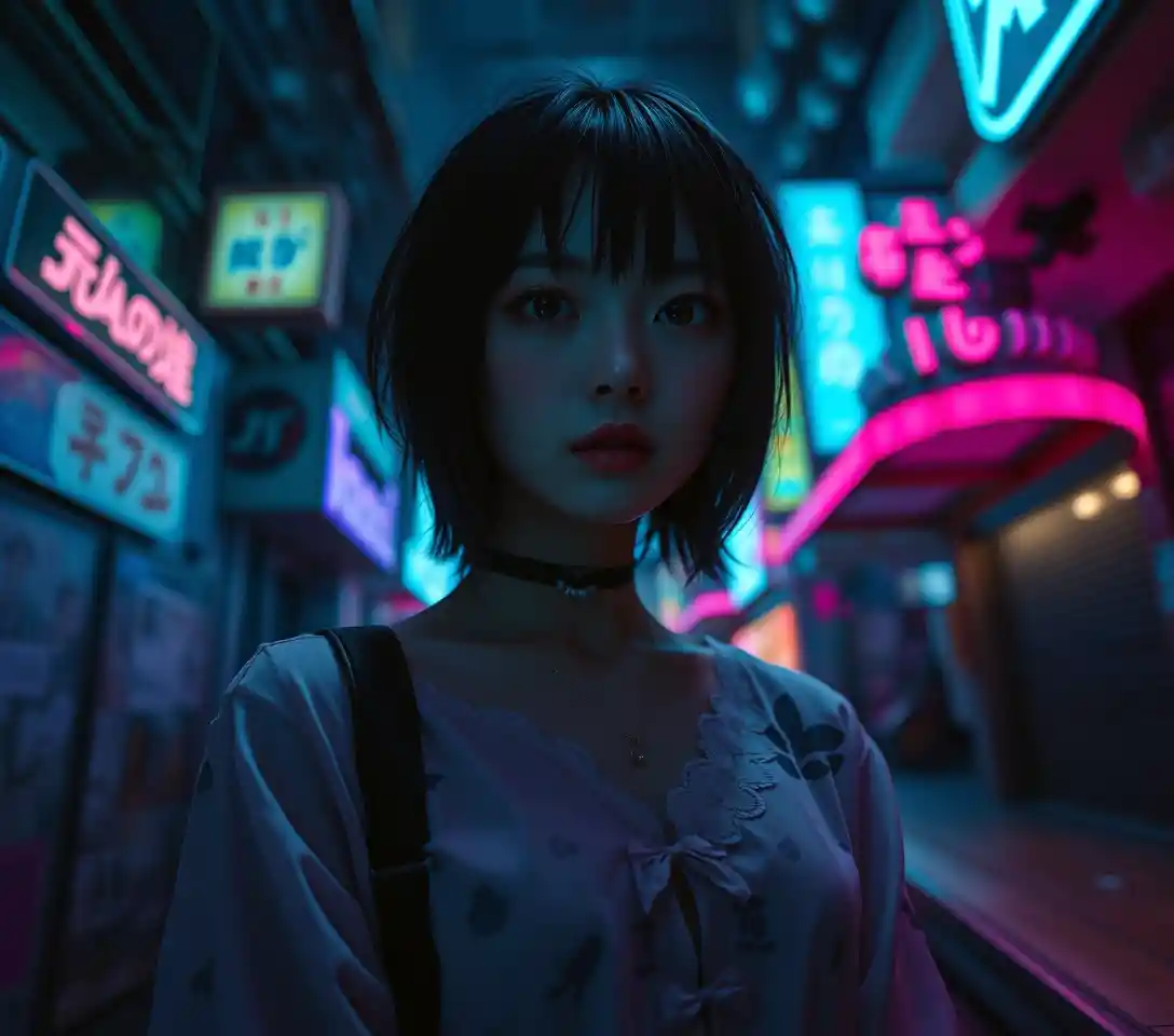 超現實霓虹照亮城市街道上的神祕女子