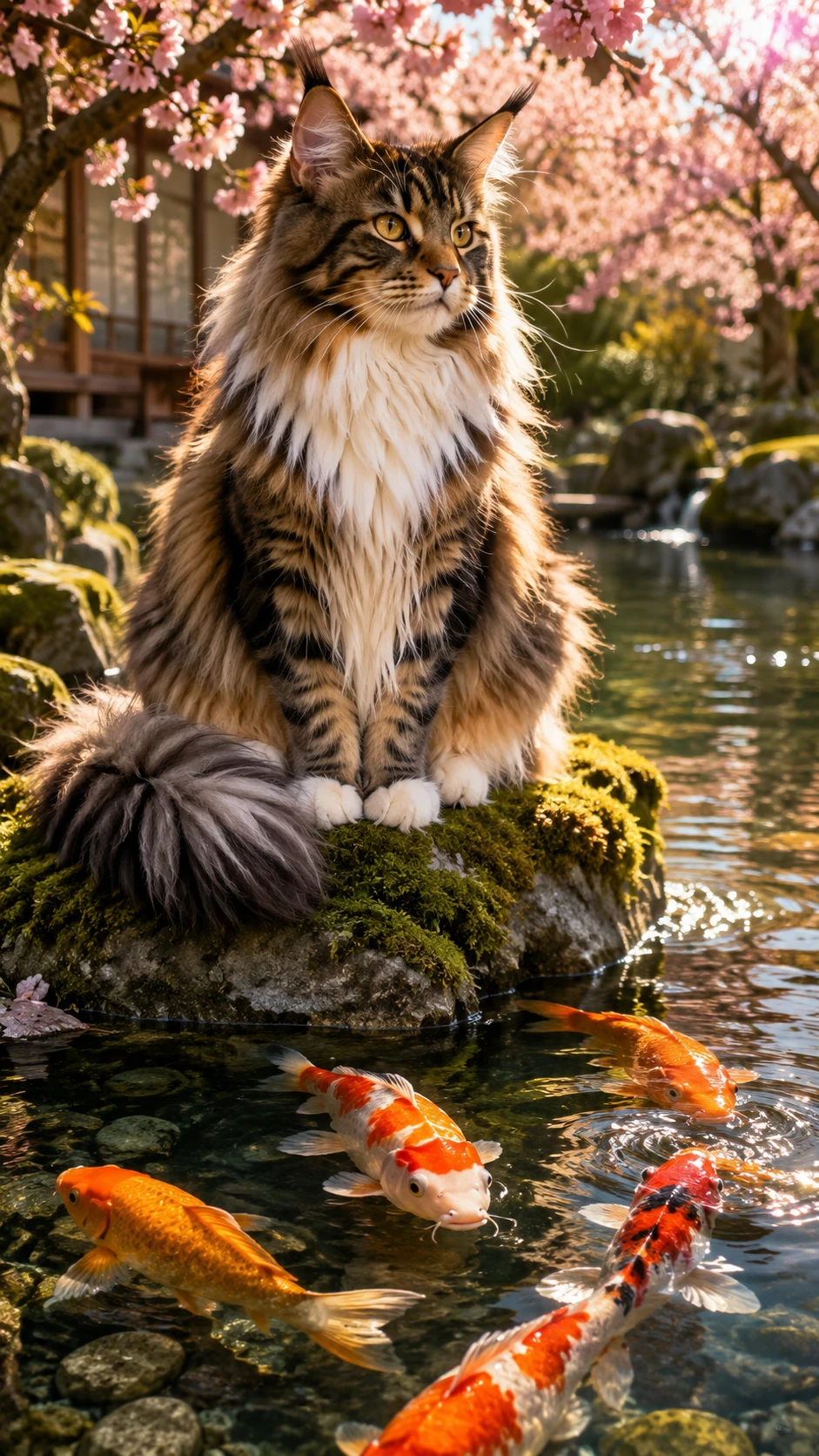 Gato Maine Coon observando peixes koi em lago iluminado pelo sol