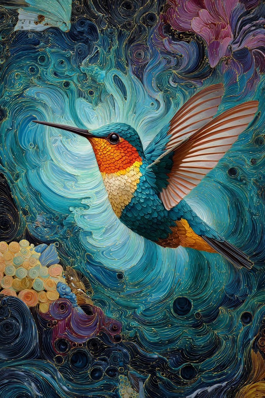 Pintura vibrante de um beija-flor em movimento colorido e em espiral