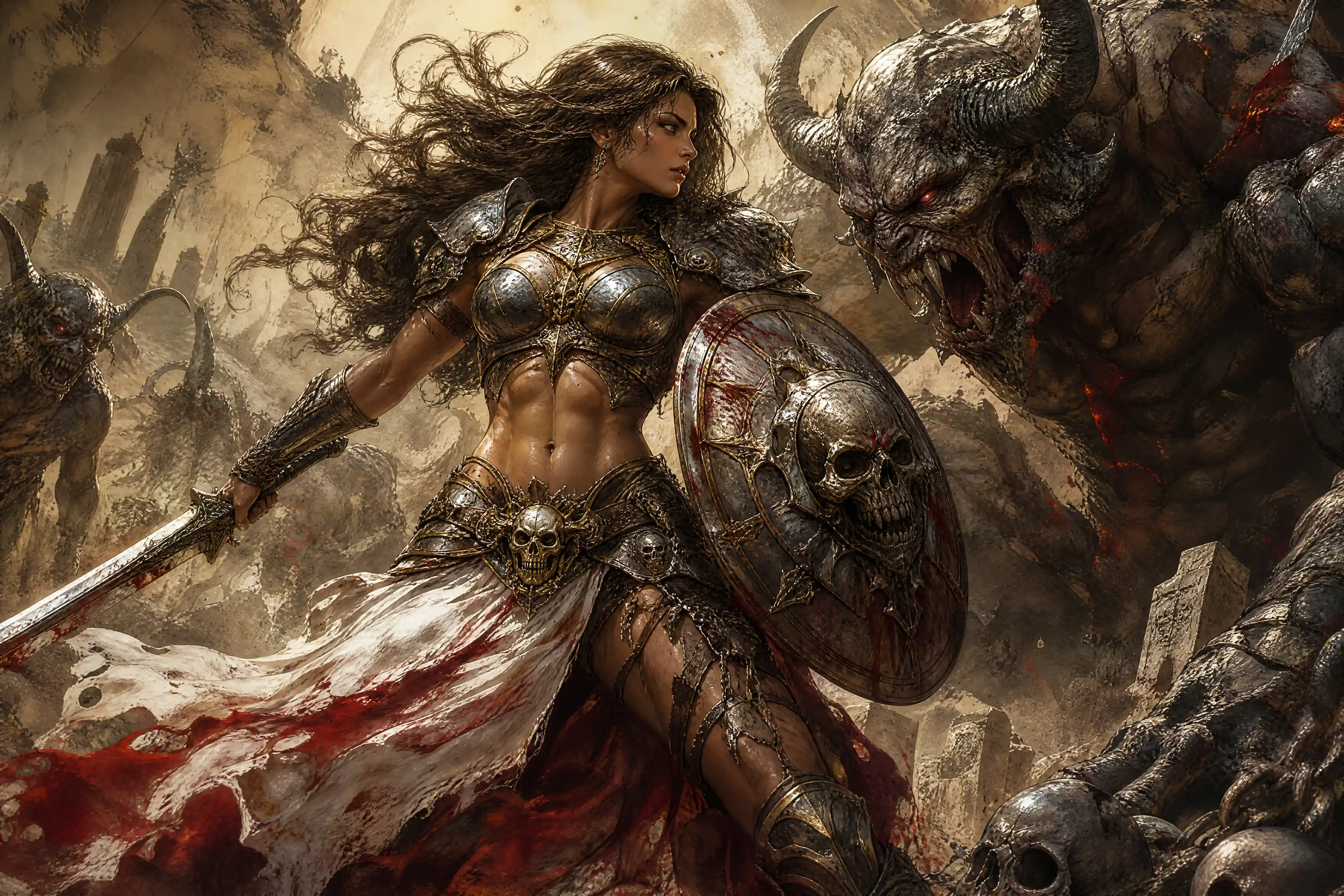 墓地で角の生えた悪魔と対峙する女戦士